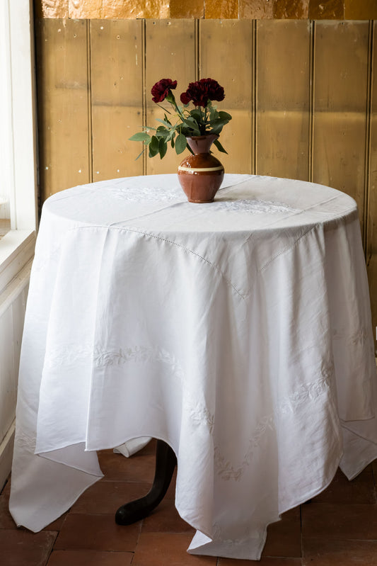 The Margot Hand-Embroidered White Linen Tablecloth